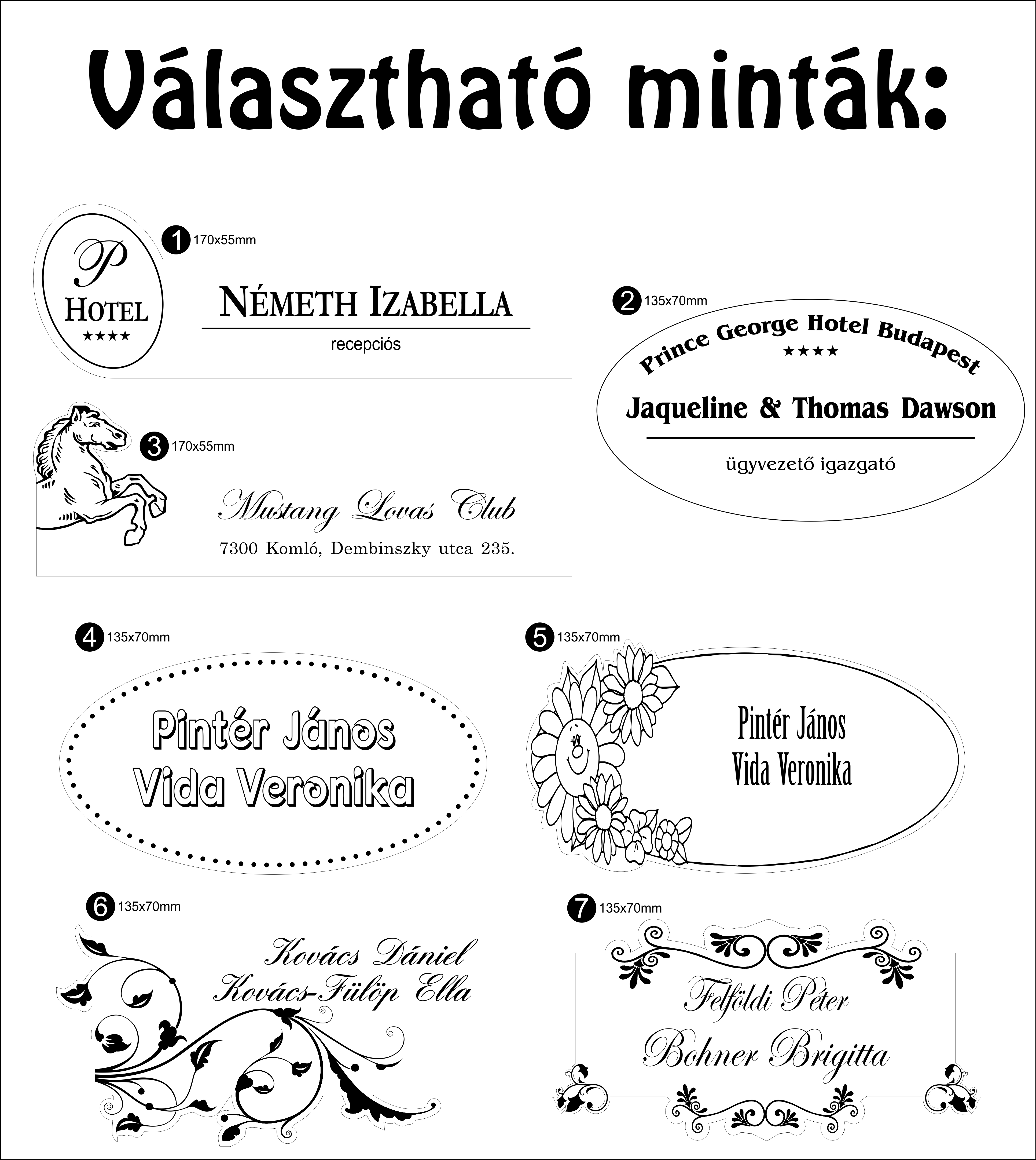 Gravírozott névtábla ovális vagy körbevágott figurával, logóval szöveggel többféle színben