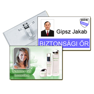 Névkitűző csipesszel és biztostűvel műanyag tokban